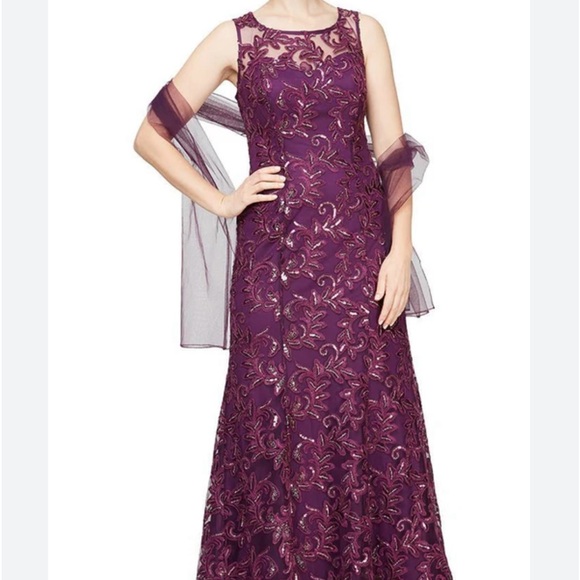 Alex Evenings Two Piece Embroidered Tulle Sleeveless Gown with Shawl Plum Sz 8 - Picture 12 of 12